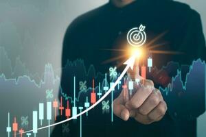 Business pointing exponential arrow and financial graph for business investment growth. Financial, data analysis, goal,success and money concept. photo