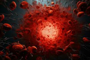 Microsopic of red virus bacteria attack blood cells .medical and science research concept.generative ai photo