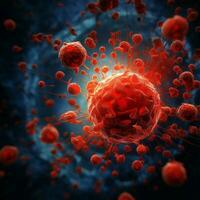 Microsopic of red virus bacteria attack blood cells .medical and science research concept.generative ai photo