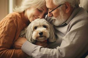 retrato de hombre y mujer abrazando linda shih tzu perro. mascota concepto foto