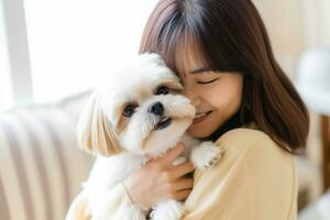 portrait of man and woman hugging cute shih tzu dog. pet concept photo