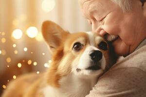 portrait of man and woman hugging cute corgi dog. pet concept photo