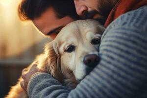 portrait of man and woman hugging cute dog. pet concept photo