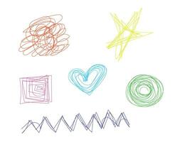 Colorful scribbles. Different shapes. Set or collection. Oval, heart, zigzag and square or star. vector