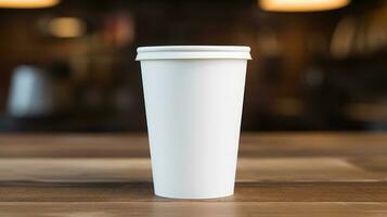 Closed up of white paper coffee cups on wooden table in blur cafe background.coffee cup mockup.generative ai photo