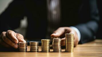 Stacks of coins on the table with dark tone background. Business growth,Financial,saving money and investment concept.Generative AI photo
