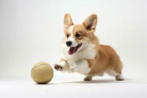 linda galés corgi perro jugando tenis pelota. gracioso linda perro jugar juguete. foto