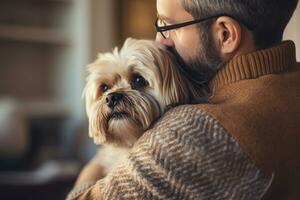 portrait of man and woman hugging cute shih tzu dog. pet concept photo