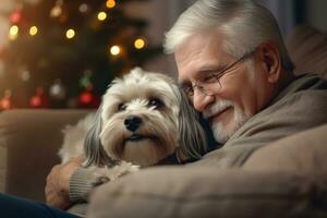 retrato de hombre y mujer abrazando linda shih tzu perro. mascota concepto foto