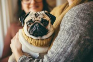 portrait of man and woman hugging cute pug dog. pet concept photo