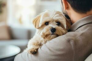 portrait of man and woman hugging cute shih tzu dog. pet concept photo