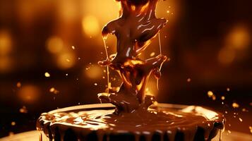 Chocolate Fountain Gushing Against Illuminated Backdrop with Left Copyspace AI Generative photo