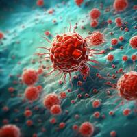 Microsopic of red virus bacteria attack blood cells .medical and science research concept.generative ai photo