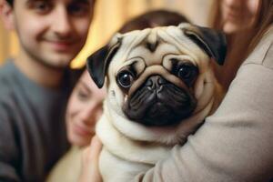 portrait of man and woman hugging cute Pug dog. pet concept photo