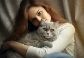 portrait of young woman hugging cute cat.pet concept.AI Generated photo