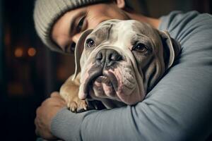 portrait of man and woman hugging cute bulldog. pet concept photo
