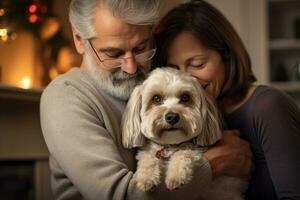 portrait of man and woman hugging cute shih tzu dog. pet concept photo