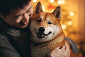 portrait of man and woman hugging cute shiba inu dog. pet concept photo