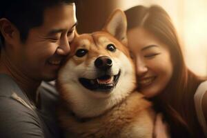 portrait of man and woman hugging cute shiba inu dog. pet concept photo