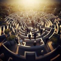 Navigating business challenges depicted by professionals at a 3D maze intersection photo