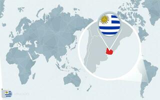 Pacific Centered World map with magnified Uruguay. Flag and map of Uruguay. vector