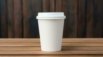 Closed up of white paper coffee cups on wooden table in blur cafe background.coffee cup mockup.generative ai photo