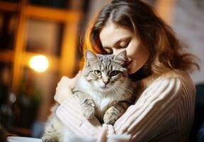 portrait of young woman hugging cute cat.pet concept.AI Generated photo