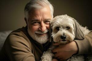 portrait of man and woman hugging cute shih tzu dog. pet concept photo