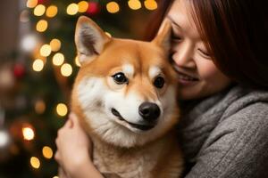 portrait of man and woman hugging cute shiba inu dog. pet concept photo