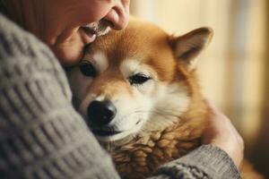 portrait of man and woman hugging cute shiba inu dog. pet concept photo