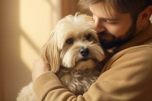 portrait of man and woman hugging cute shih tzu dog. pet concept photo