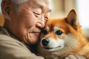 portrait of man and woman hugging cute shiba inu dog. pet concept photo