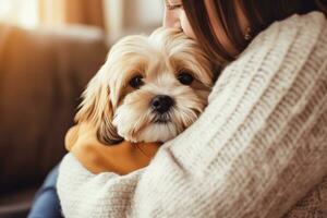 portrait of man and woman hugging cute shih tzu dog. pet concept photo