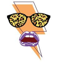 T-shirt design for glasses with animal print and violet lips on the thunderbolt symbol, Vector illustration for summer,