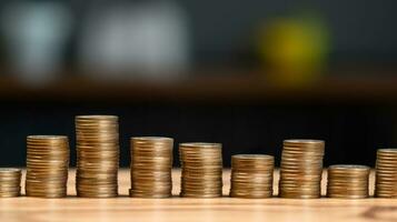 Stacks of coins on the table with dark tone background. Business growth,Financial,saving money and investment concept.Generative AI photo
