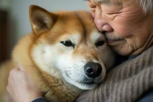 portrait of man and woman hugging cute shiba inu dog. pet concept photo