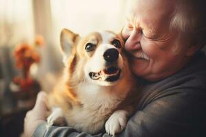 portrait of man and woman hugging cute corgi dog. pet concept photo