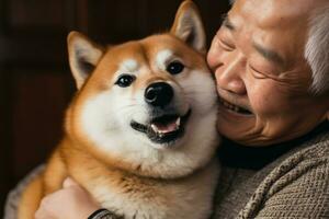 portrait of man and woman hugging cute shiba inu dog. pet concept photo