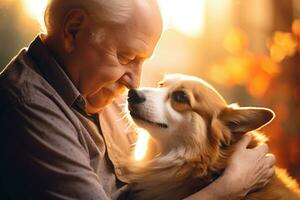 portrait of man and woman hugging cute corgi dog. pet concept photo