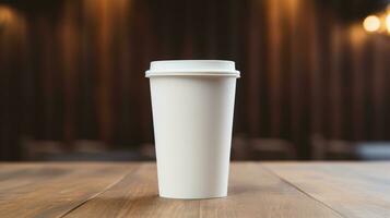 Closed up of white paper coffee cups on wooden table in blur cafe background.coffee cup mockup.generative ai photo