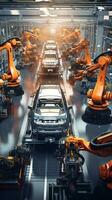 Overhead view of robotic precision on an automotive assembly line AI Generative photo