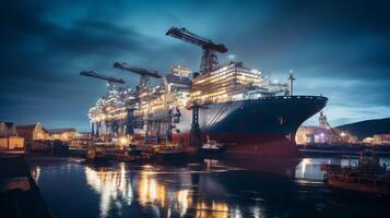 Twilight capture of a massive cargo ship under construction in dry dock photo