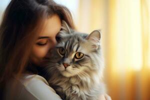 portrait of young woman hugging cute cat.pet concept.AI Generated photo