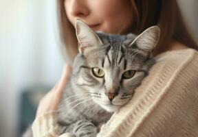 portrait of young woman hugging cute cat.pet concept.AI Generated photo