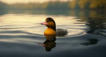 a lonely duck swims in a calm sea realistic. ai generation photo