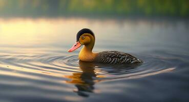 a lonely duck swims in a calm sea realistic. ai generation photo