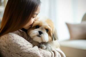 portrait of man and woman hugging cute shih tzu dog. pet concept photo