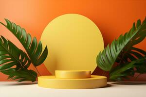 3D stage podium with minimal geometric shape.pastel color tone.3D render for product showcase,promotion and cosmetic product.AI Generated photo