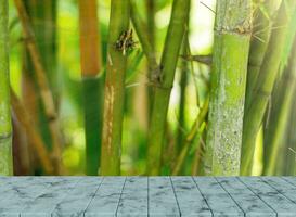 Empty top of natural stone shelves and bamboo wall background photo