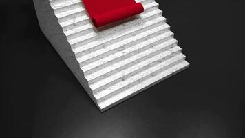 3d elegant rood tapijt uitrollen Aan marmeren trap en zwart vloer. een rood fluweel tapijt is ontrollen Aan de wit marmeren stappen. abstract achtergrond. prijzen ceremonie en première concept. video